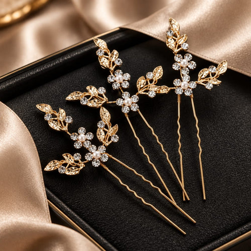 FoonLau 3-Piece Leaf &amp; Inset Rhinestone Bridal Hairpin Set