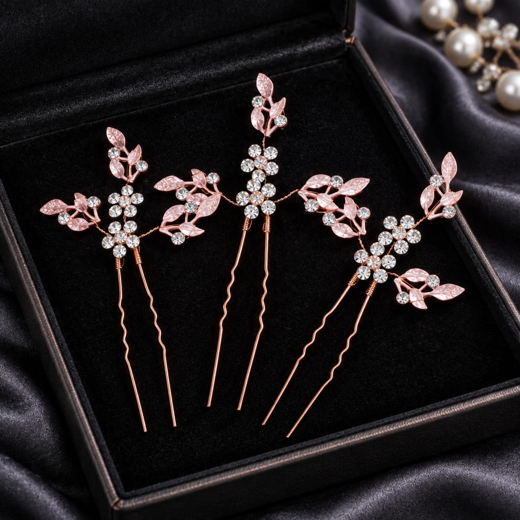 FoonLau 3-Piece Leaf &amp; Inset Rhinestone Bridal Hairpin Set