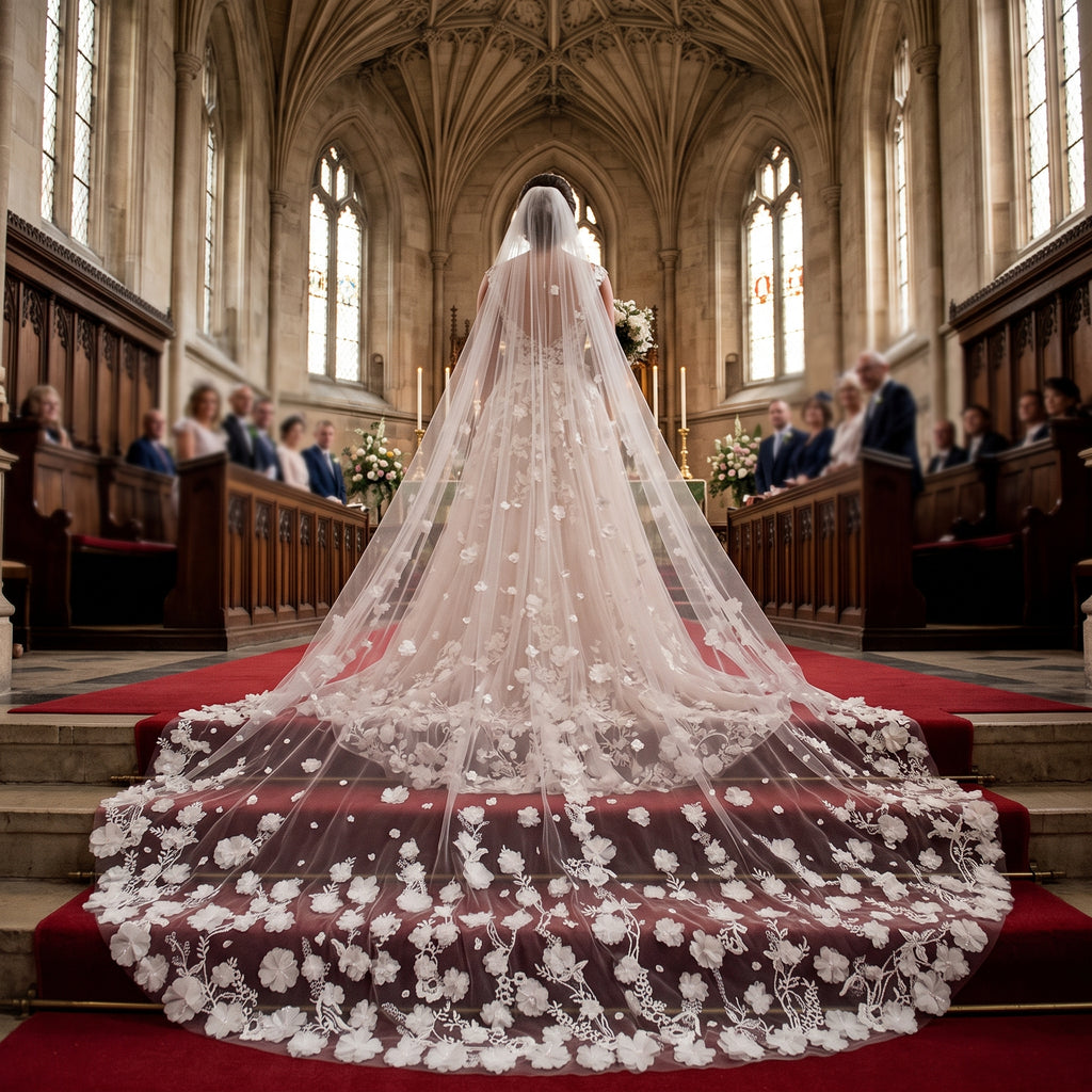 Foonlau the Art of Bridal Romance: The 350cm 3D Floral Cathedral Veil in Cream White 350cm / 137in