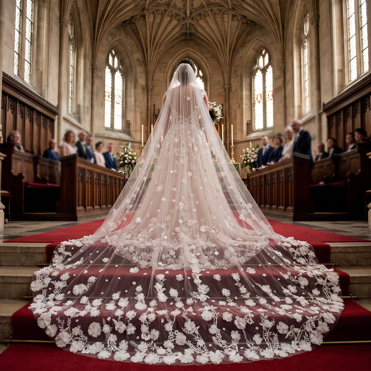 Foonlau the Art of Bridal Romance: The 350cm 3D Floral Cathedral Veil in Cream White 350cm / 137in