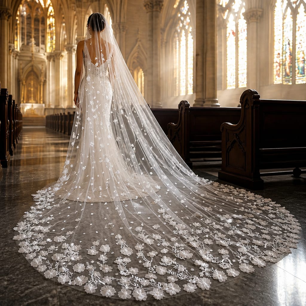 Foonlau the Art of Bridal Romance: The 350cm 3D Floral Cathedral Veil in Cream White 350cm / 137in