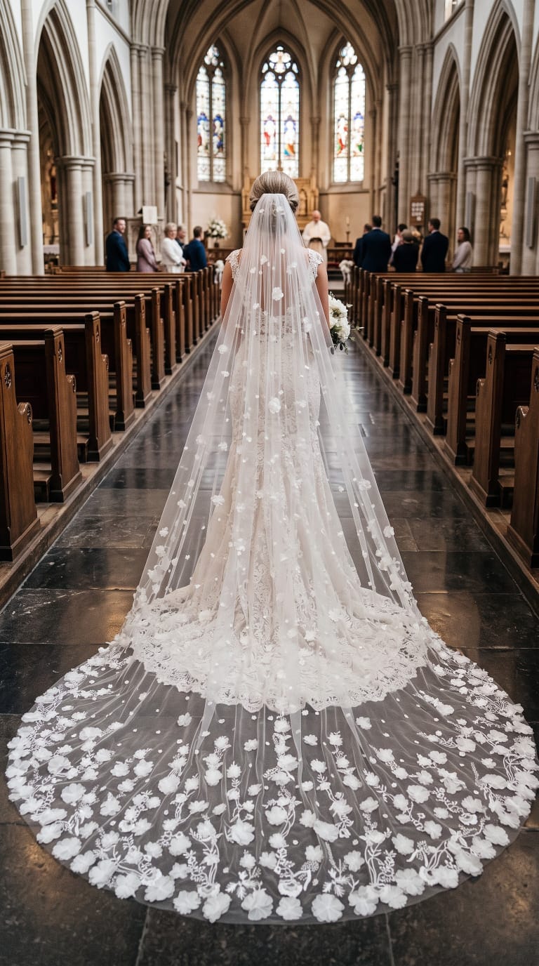 Foonlau the Art of Bridal Romance: The 350cm 3D Floral Cathedral Veil in Cream White 350cm / 137in