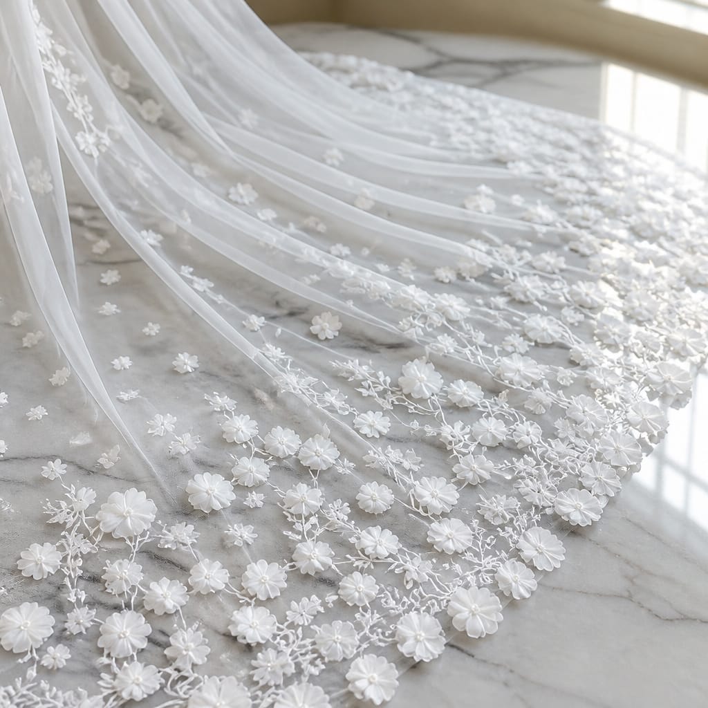 Foonlau the Art of Bridal Romance: The 350cm 3D Floral Cathedral Veil in Cream White 350cm / 137in