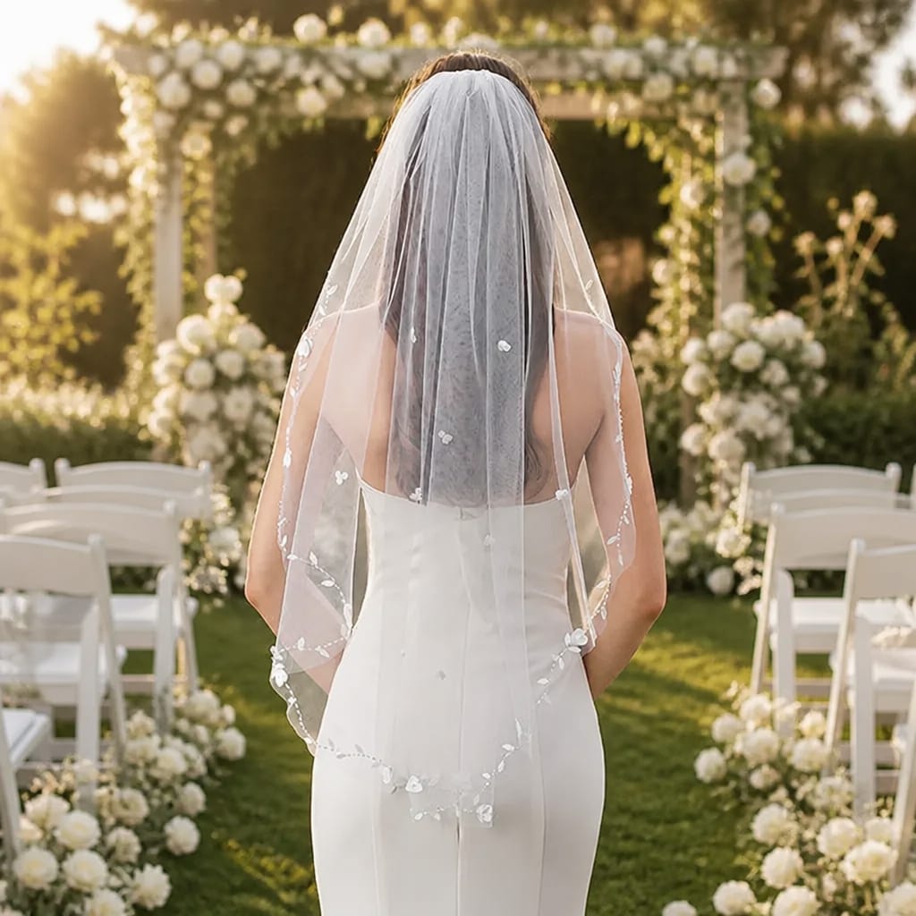 Foonlau 90cm / 35in Embroidered Floral Bridal Veil with Comb – Cream White Soft Tulle Fingertip Short Veil