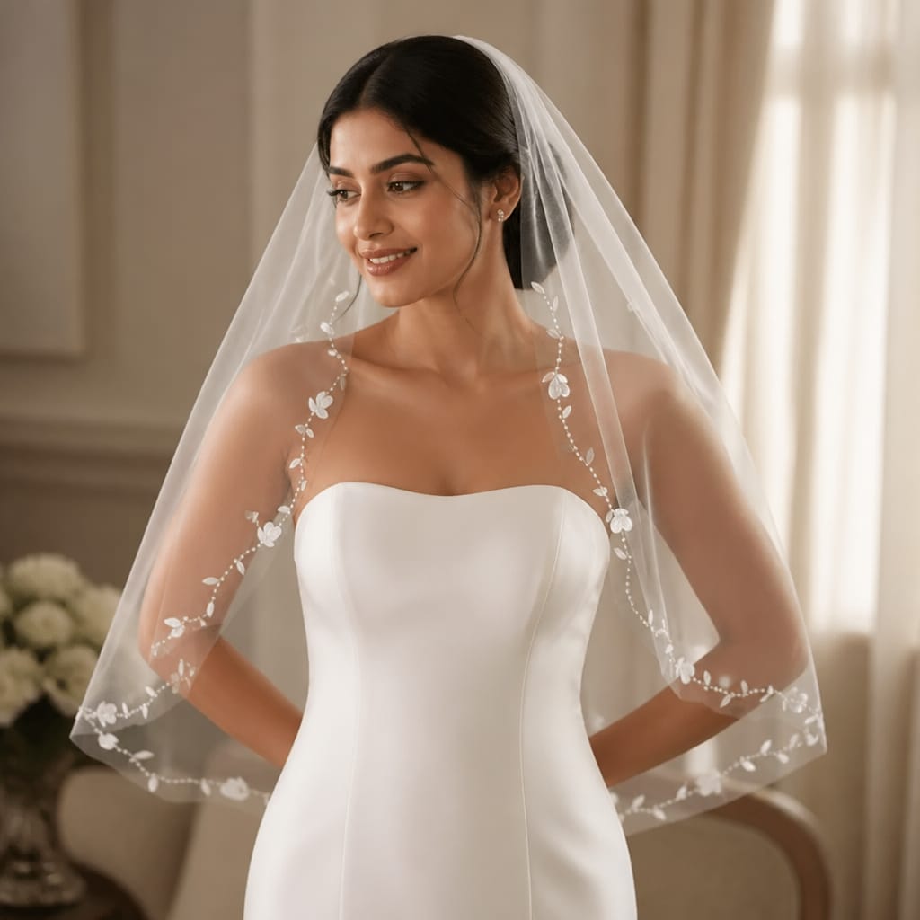 Foonlau 90cm / 35in Embroidered Floral Bridal Veil with Comb – Cream White Soft Tulle Fingertip Short Veil