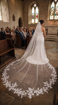 Foonlau 300cm / 118in Luxury Cathedral Bridal Veil – White Embroidered Floral Lace Trim with Comb