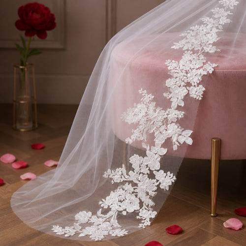 Foonlau 300cm / 118in Luxury Cathedral Bridal Veil – White Embroidered Floral Lace Trim with Comb