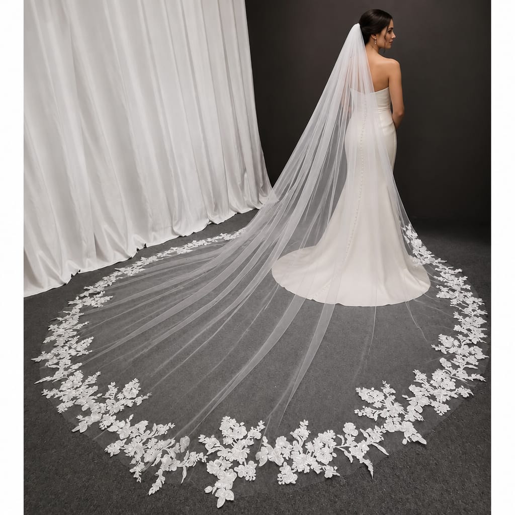 Foonlau 300cm / 118in Luxury Cathedral Bridal Veil – White Embroidered Floral Lace Trim with Comb