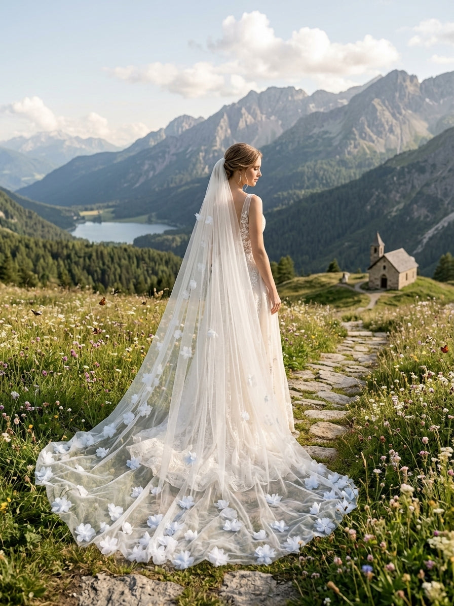 Foonlau Luxury 300cm Cathedral Bridal Veil with Comb – 3D Floral Applique
