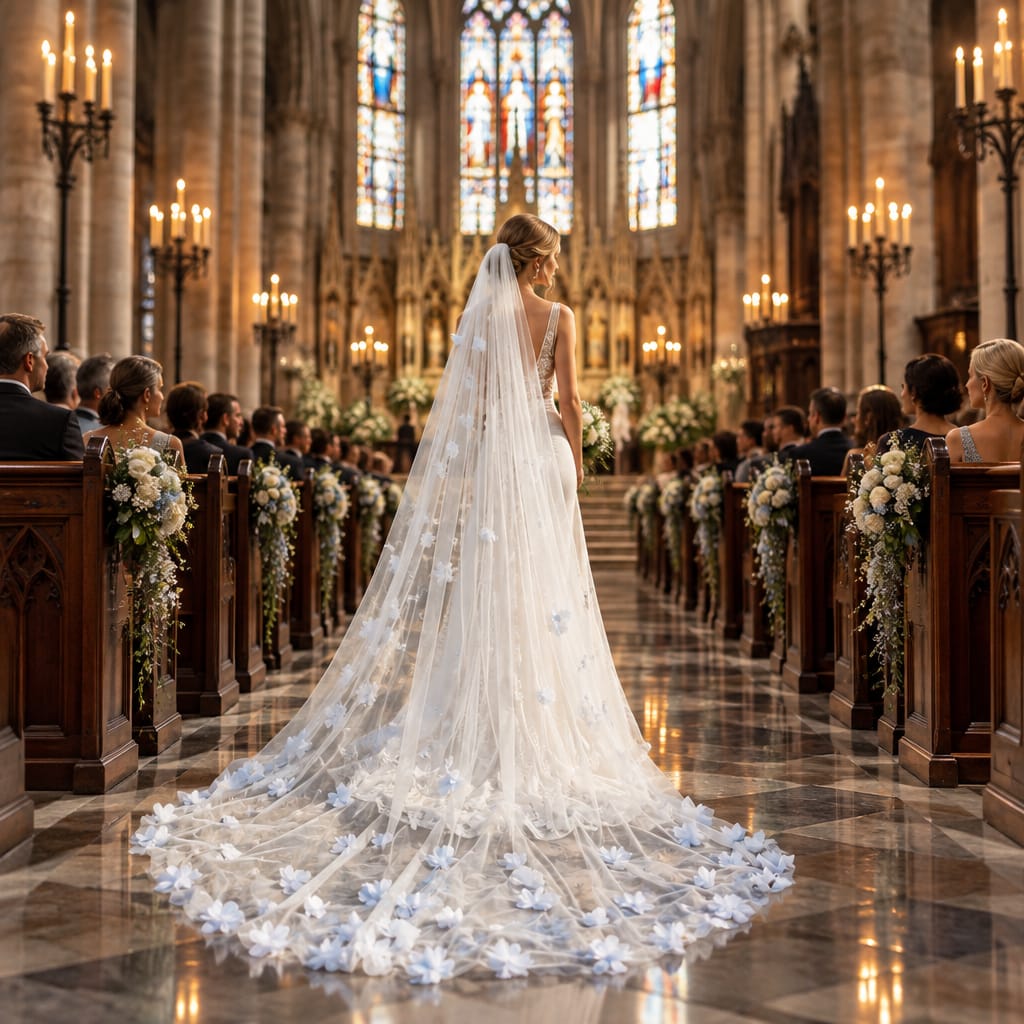 Foonlau Luxury 300cm Cathedral Bridal Veil with Comb – 3D Floral Applique