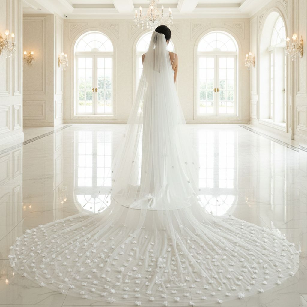 Foonlau Blossom Cascade 3D Floral Fleur-en-Tulle Cathedral Veil