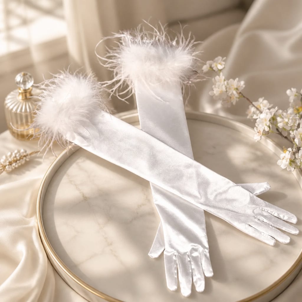 Foonlau Premium Fur-Cuffed Long Satin Bridal Gloves