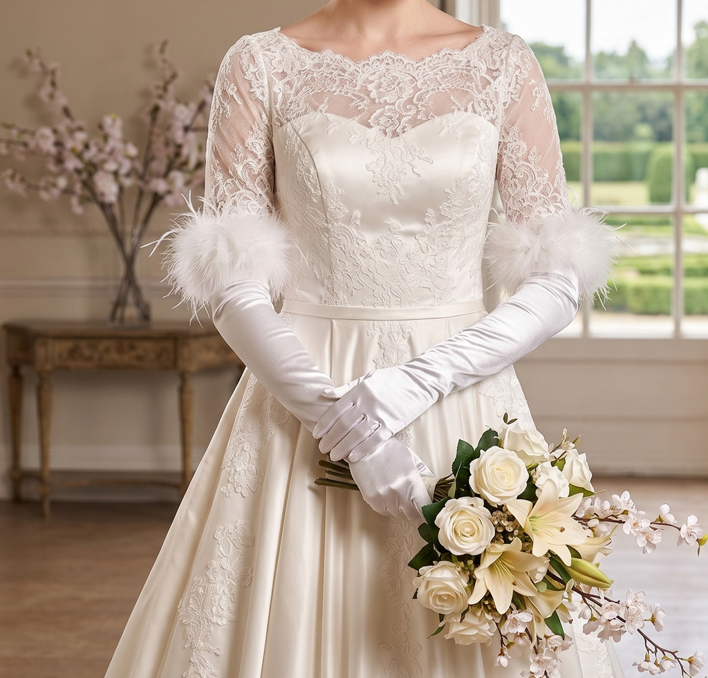 Foonlau Premium Fur-Cuffed Long Satin Bridal Gloves