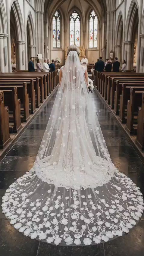 Foonlau the Art of Bridal Romance: The 350cm 3D Floral Cathedral Veil in Cream White 350cm / 137in