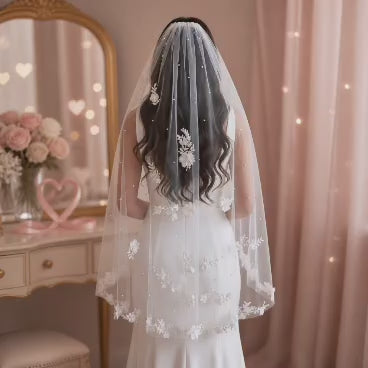 Foonlau Amélie 100cm / 39in French Floral Veil (Chic, elegant, and highlights the French-style romance)